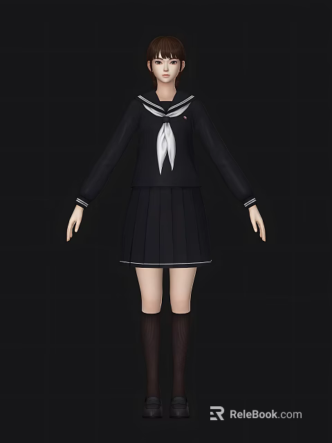 A Woman In Black Sailor Uniform With White Necktie And Pleated Skirt 3d model 