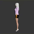 Fashionable Woman With White Hair In Pink Blazer White Top Black Shorts And High Heels