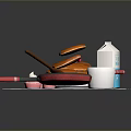 Breakfast Scene with Pancakes Milk Carton Cup Spatula Plaid Cloth and Strawberry Topping