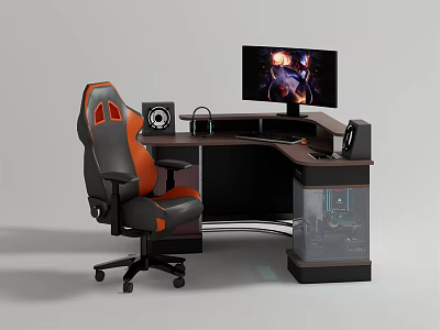 Modern Gaming Desk Setup With Black Orange Chair Monitor And PC Case 3d model