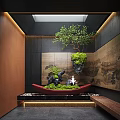 Zen Indoor Landscape With Hanging Tree Moss Covered Rocks Water Feature And Decorative Walls