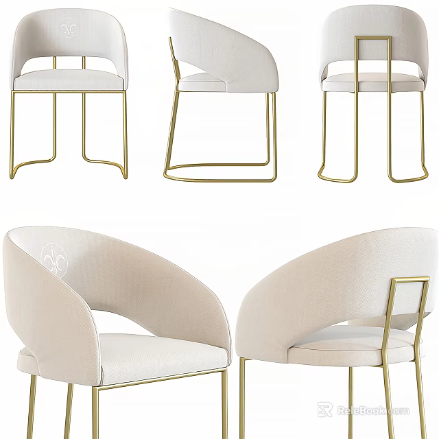 Beige Upholstered Accent Chair with Curved Backrest and Gold Metal Legs 3d model 