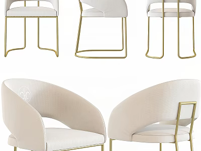 Beige Upholstered Accent Chair with Curved Backrest and Gold Metal Legs 3d model