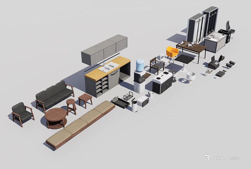 Assorted Home Furniture Collection With Sofa Table Chair Cabinet And Bookshelf 3d model 
