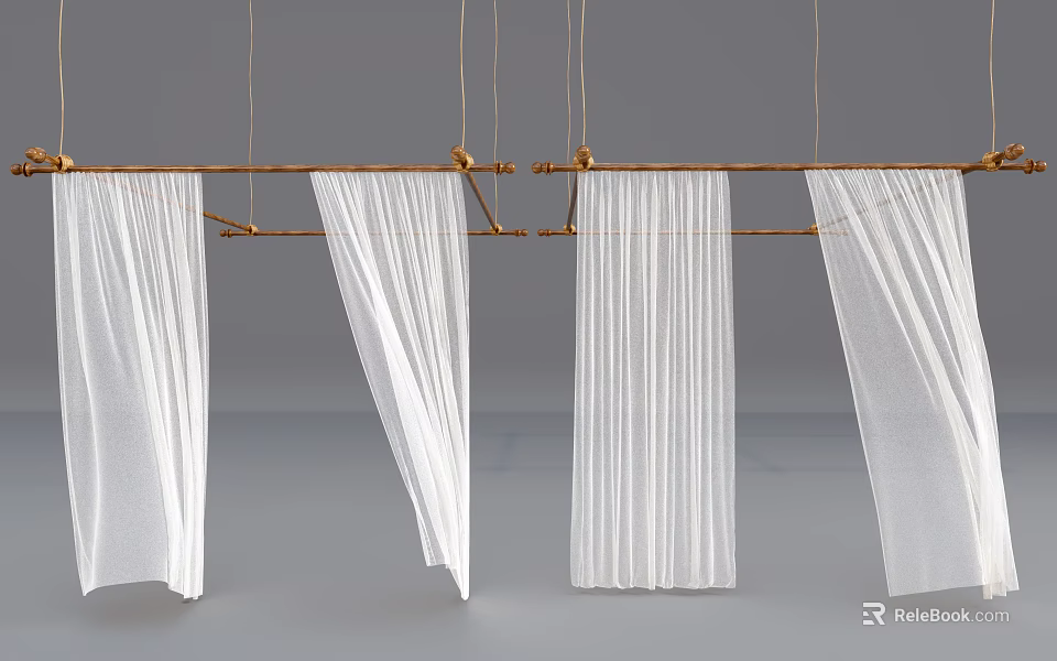 White Sheer Ceiling Drapery With Wooden Hanging Rods And Elegant Folded Design 3d model 