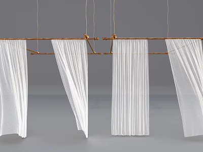 White Sheer Ceiling Drapery With Wooden Hanging Rods And Elegant Folded Design 3d model