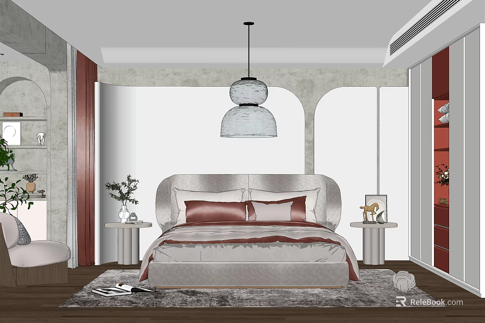 Modern Bedroom Interior With Bed Red Gray Pillows Nightstands Pendant Light And Rug 3d model 