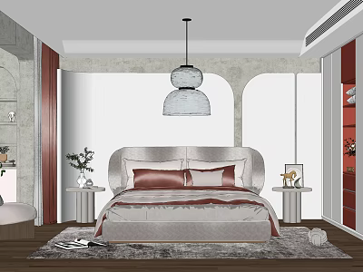 Modern Bedroom Interior With Bed Red Gray Pillows Nightstands Pendant Light And Rug 3d model