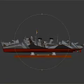 Vintage Warship Model with Turrets Chimneys and Flags on Red Wooden Base