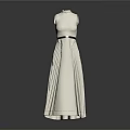 Off White High Neck Sleeveless Dress With Black Belt Waist And Pleated Skirt