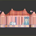 Colorful Striped Tent Shaped Kids Furniture With Red Yellow Canopy And Blue Storage Boxes