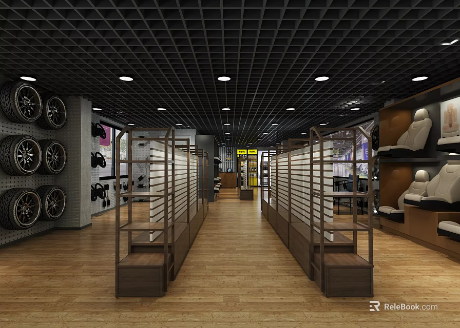 4S Shop Interior With Shelves Tires Seats Display Area And Wooden Flooring 3d model 