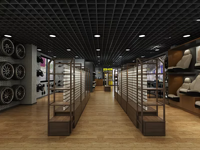 4S Shop Interior With Shelves Tires Seats Display Area And Wooden Flooring 3d model