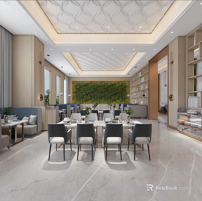 Modern Restaurant Interior With Green Living Wall Dining Tables Shelves And Decorative Ceiling 3d model 