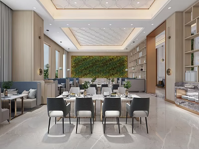 Modern Restaurant Interior With Green Living Wall Dining Tables Shelves And Decorative Ceiling 3d model