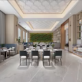 Modern Restaurant Interior With Green Living Wall Dining Tables Shelves And Decorative Ceiling