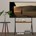 Large Screen Television Displaying Sunset Scene With Man Walking On Metal Stand Near Plant Table