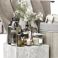 Essential Bathroom Accessories With Toiletries Candles Towels Small Flowers And Wicker Basket