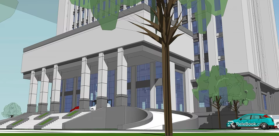 Modern Office Building With Columns Large Windows Steps And Trees 3d model 