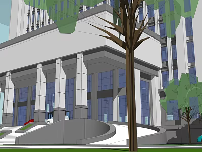 Modern Office Building With Columns Large Windows Steps And Trees 3d model