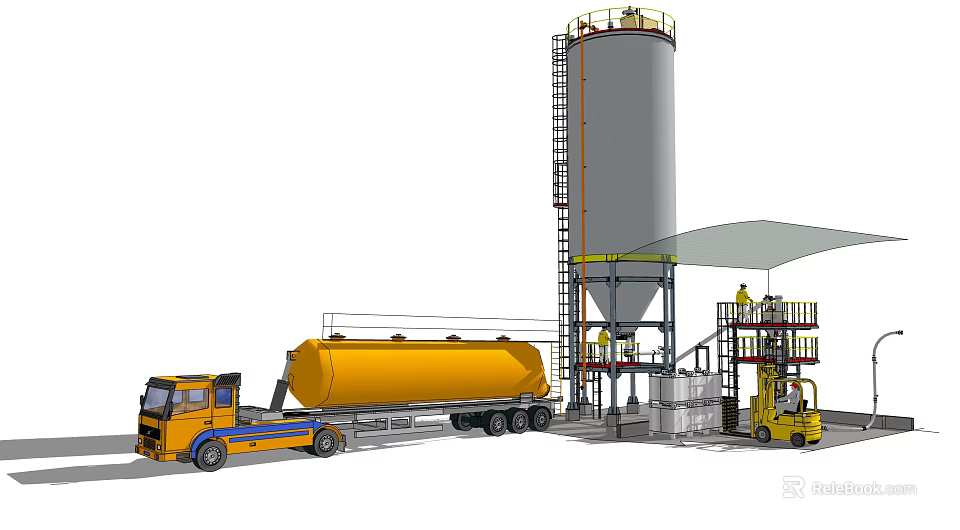 Industrial Equipment Including Large Storage Tank Yellow Oil Tanker Truck Platform And Forklift 3d model 