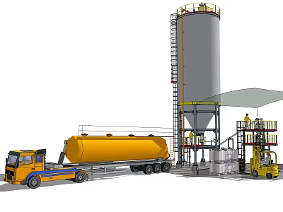 Industrial Equipment Including Large Storage Tank Yellow Oil Tanker Truck Platform And Forklift 3d model