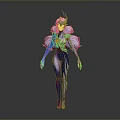 3D Rendered Fantasy Female Character with White Hair Blue Horn Purple Blue Outfit Red Decoration