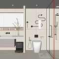 Modern Bathroom Interior Design With Vanity Mirror Toilet Glass Shower And Tiled Walls