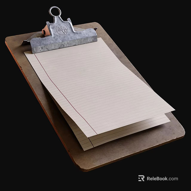 Vintage Wooden Clipboard With Stack Of Lined Paper And Metal Clip 3d model 