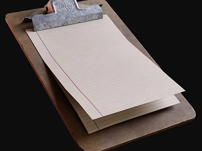 Vintage Wooden Clipboard With Stack Of Lined Paper And Metal Clip 3d model