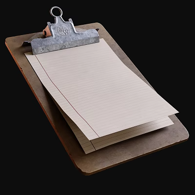 Vintage Wooden Clipboard With Stack Of Lined Paper And Metal Clip 3d model
