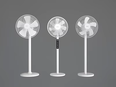 Three White Standing Air Conditioning Fans with White Blades Base and Middle Black Control Panel 3d model
