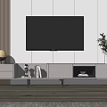Sleek TV Stand With Wall Mounted TV Round Lamp Vase With Plant And Decorative Items