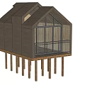 Modern Elevated Wooden House On Stilts With Large Windows And Balcony