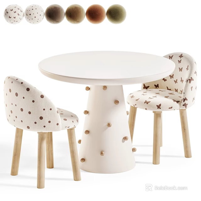 Lovely Cream White Round Dining Table With Patterned Upholstered Chairs Set For Cozy Kids Room 3d model 