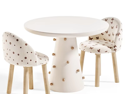 Lovely Cream White Round Dining Table With Patterned Upholstered Chairs Set For Cozy Kids Room 3d model