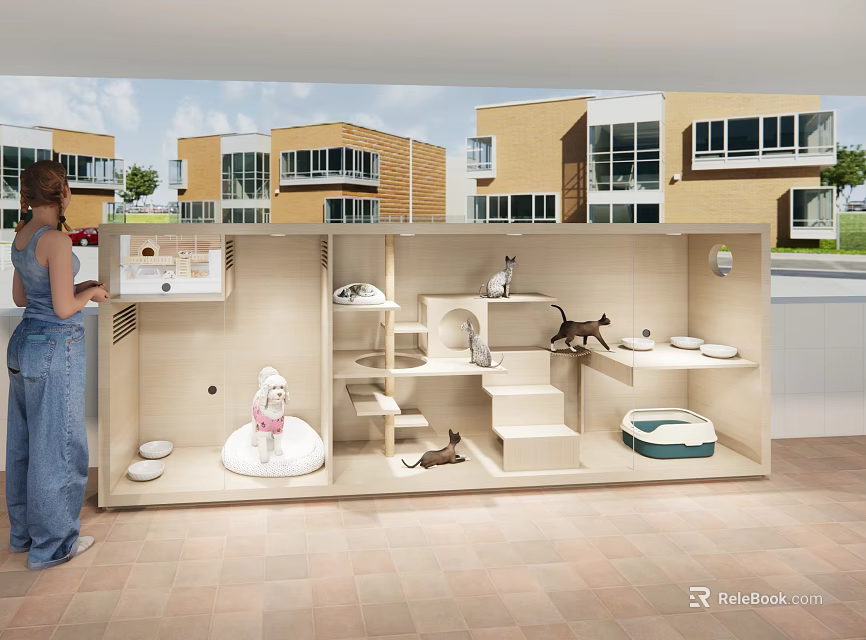 Woman Checking Cat Play Space With Climbing Structures And Feeding Bowls Outdoors 3d model 