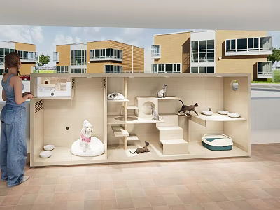 Woman Checking Cat Play Space With Climbing Structures And Feeding Bowls Outdoors 3d model