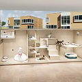 Woman Checking Cat Play Space With Climbing Structures And Feeding Bowls Outdoors