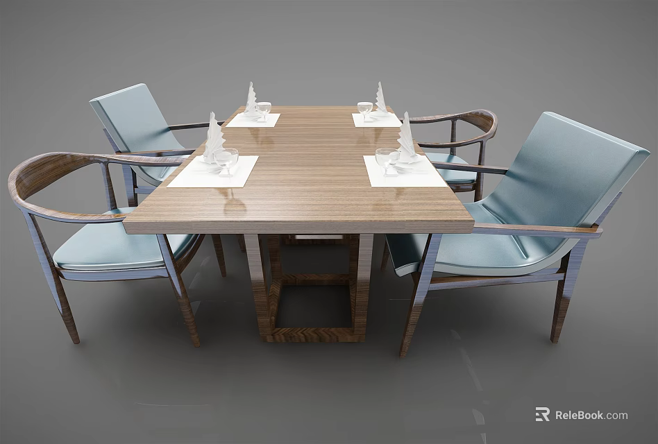 Modern Wooden Dining Table Set With Light Blue Seat Chairs And Armrests 3d model 