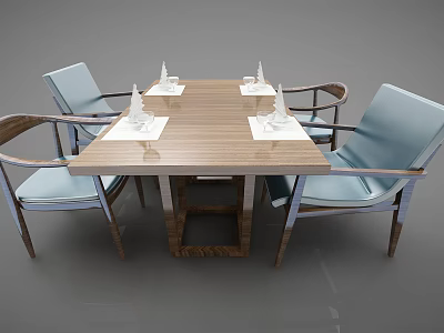 Modern Wooden Dining Table Set With Light Blue Seat Chairs And Armrests 3d model