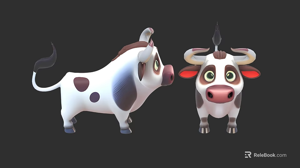 Cute 3D Cartoon Cow Characters With Spotted Fur Big Eyes And Horns 3d model 