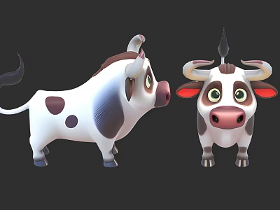 Cute 3D Cartoon Cow Characters With Spotted Fur Big Eyes And Horns 3d model