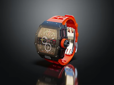 High End Sports Watch With Vibrant Orange Strap And Black Transparent Mechanical Dial 3d model