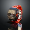 High End Sports Watch With Vibrant Orange Strap And Black Transparent Mechanical Dial