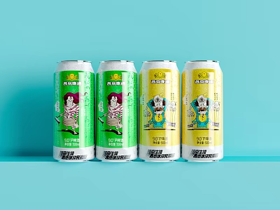 ALKA Beverage Four Cans With Green And Yellow Cartoon Characters On Light Blue Background 3d model
