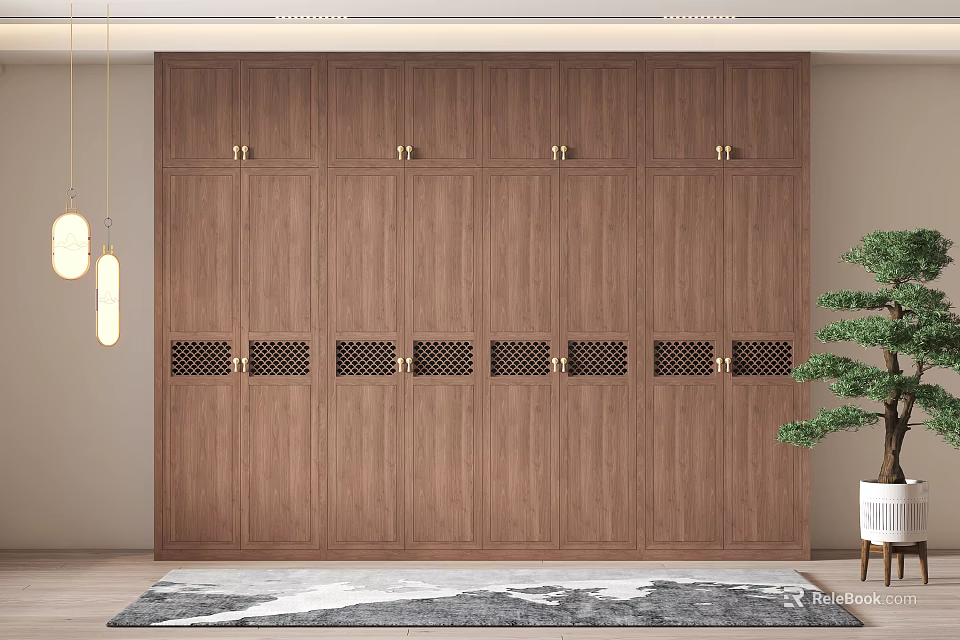 Modern Wooden Wardrobe With Brass Handles Lattice Design Pendant Lights And Potted Plant 3d model 