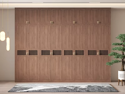 Modern Wooden Wardrobe With Brass Handles Lattice Design Pendant Lights And Potted Plant 3d model