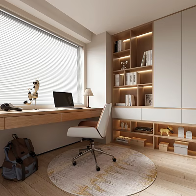 Modern Study Room Interior With Wooden Desk Laptop Table Lamp Bookshelf And White Office Chair 3d model