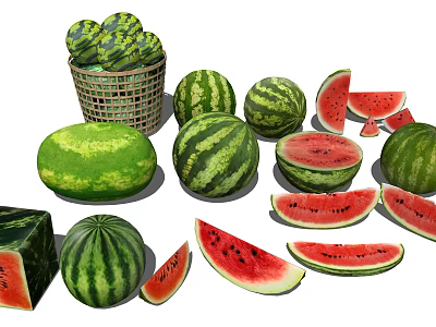Fresh Watermelon Varieties Whole And Sliced Juicy Red Flesh Displayed With Green Rind And Basket 3d model